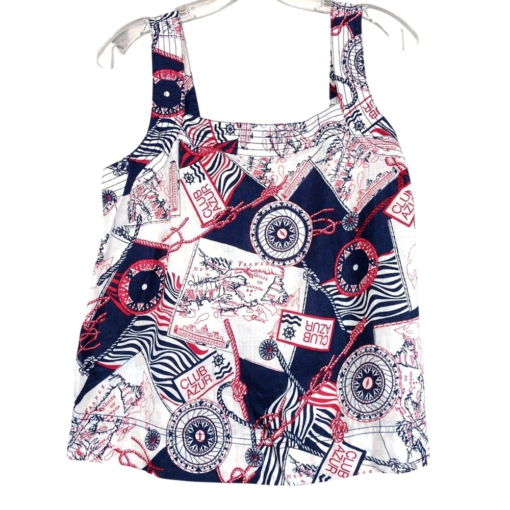 Talbots Nautical Map 100% Linen Tank Top Womens PM New England Coastal Preppy